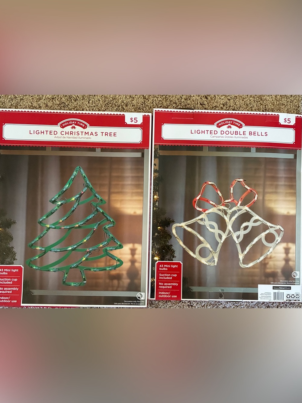 Holiday Time Lighted Christmas Tree & Double Bells Window Decoration set of 2